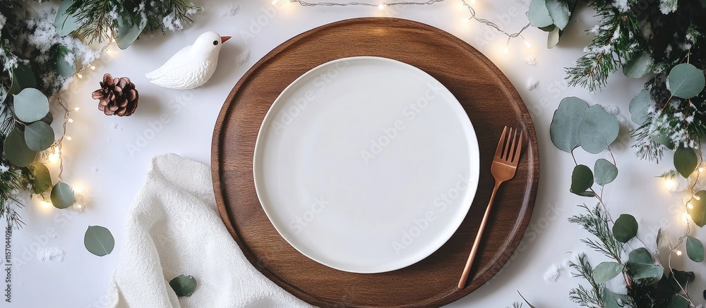 Poster elegant flat lay of white plates with copper silverware and greenery adorned with string lights, cre