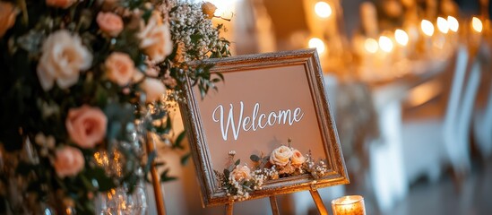 Elegant wedding welcome sign adorned with flowers and candles, designed for seating arrangements at the reception entrance for guests.