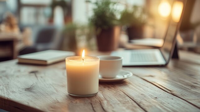 Candle and coffee cup on wooden desk with laptop creating a cozy working atmosphere in modern interior design setting