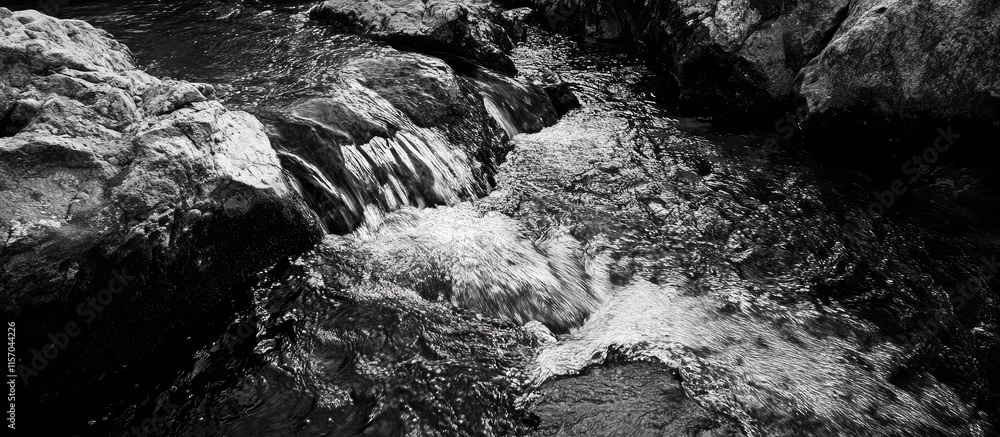 Poster black and white image of water cascading over smooth rocks in a serene natural setting showcasing tr
