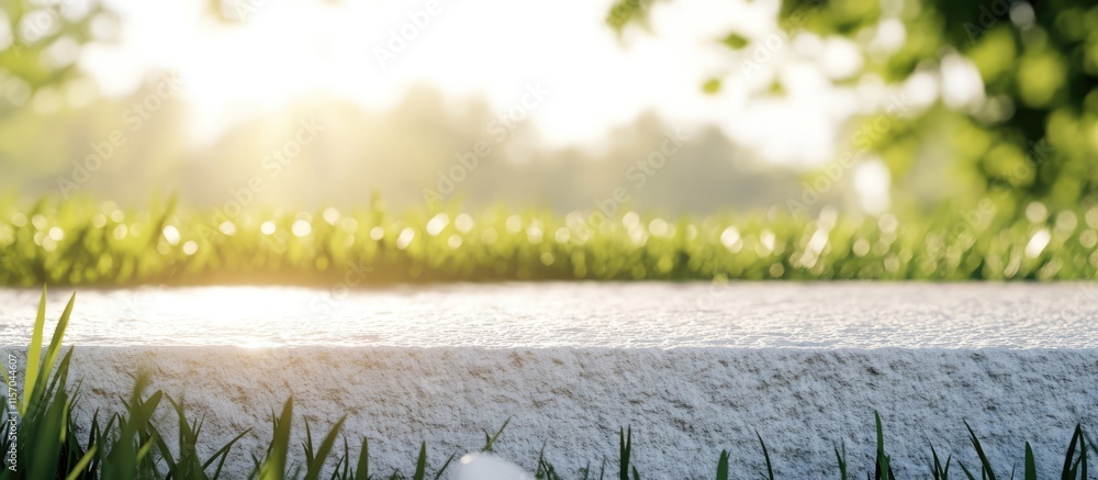 Aufkleber White textured surface illuminated by sunlight on grass with a soft blurred green backdrop creating a serene natural ambiance.