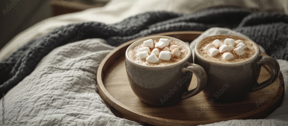 Poster cozy coffee mugs with marshmallows on a rustic tray in a tranquil bedroom setting with dark grey lin