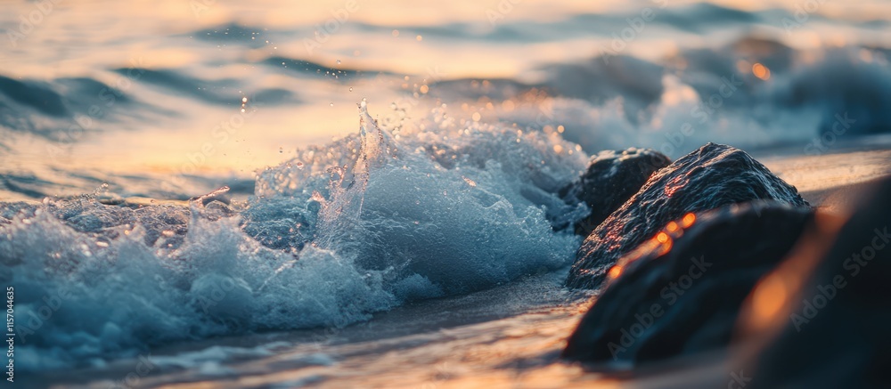 Poster waves crashing on rocky beach at sunset creating a serene coastal landscape with warm golden hues an
