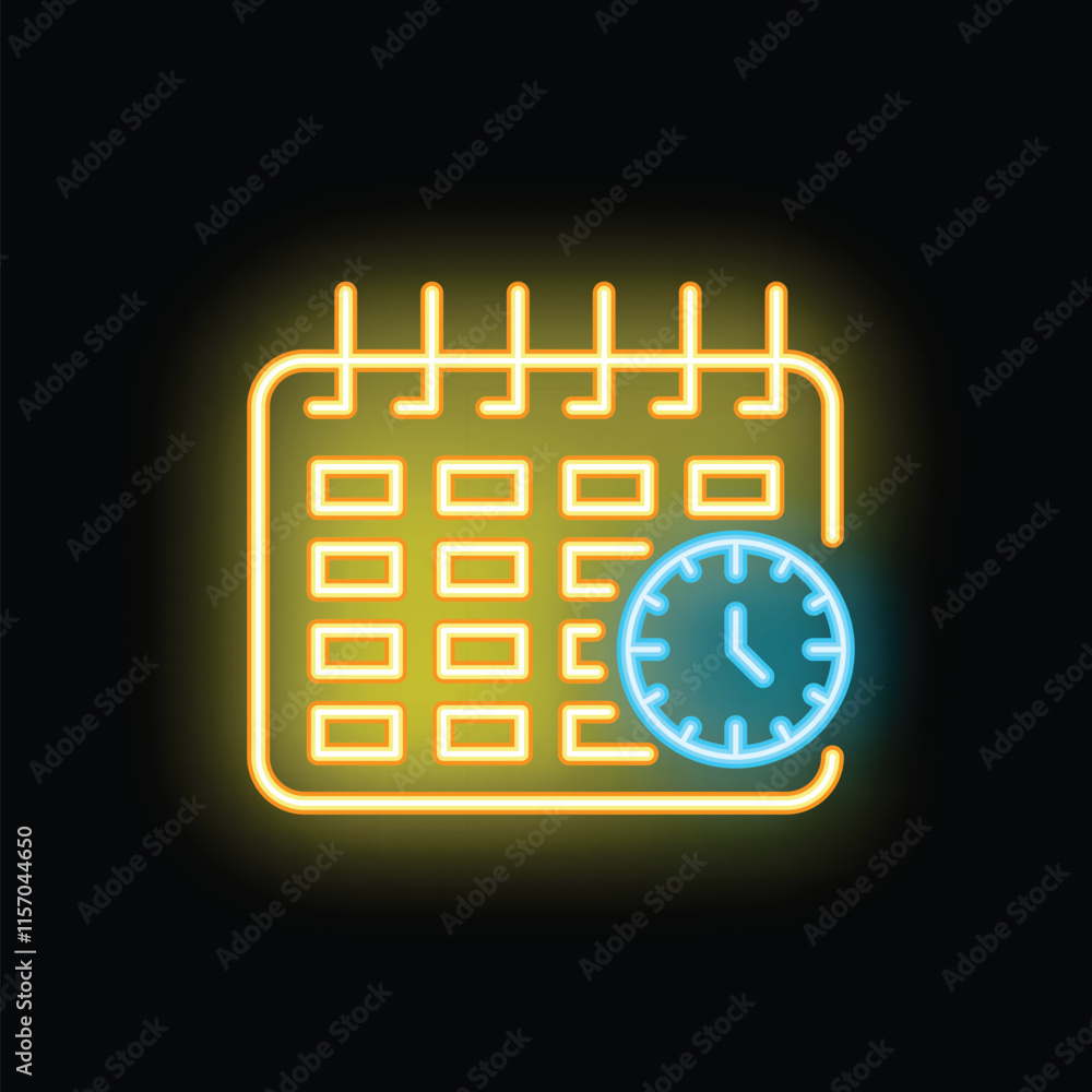 Poster neon icon of a calendar with a clock showing time passing by quickly for an appointment