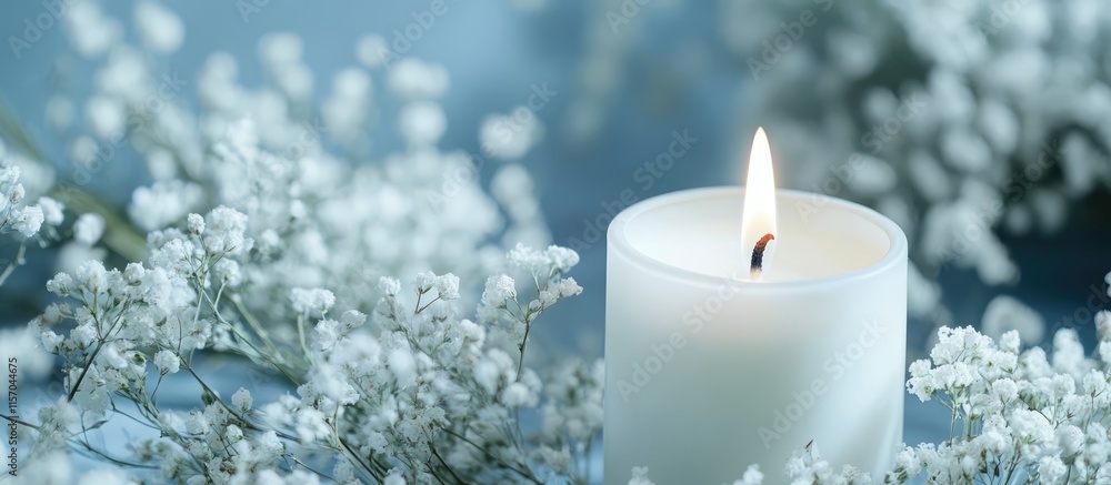 Poster elegant white candle illuminated among delicate floral arrangements creating a serene and calming at