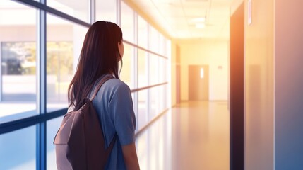 Obraz premium Person walking towards bright hallway light.