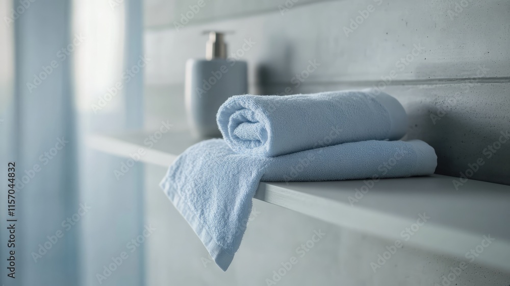 Poster rolled light blue and white towel neatly arranged on a minimalist shelf with modern decor elements i