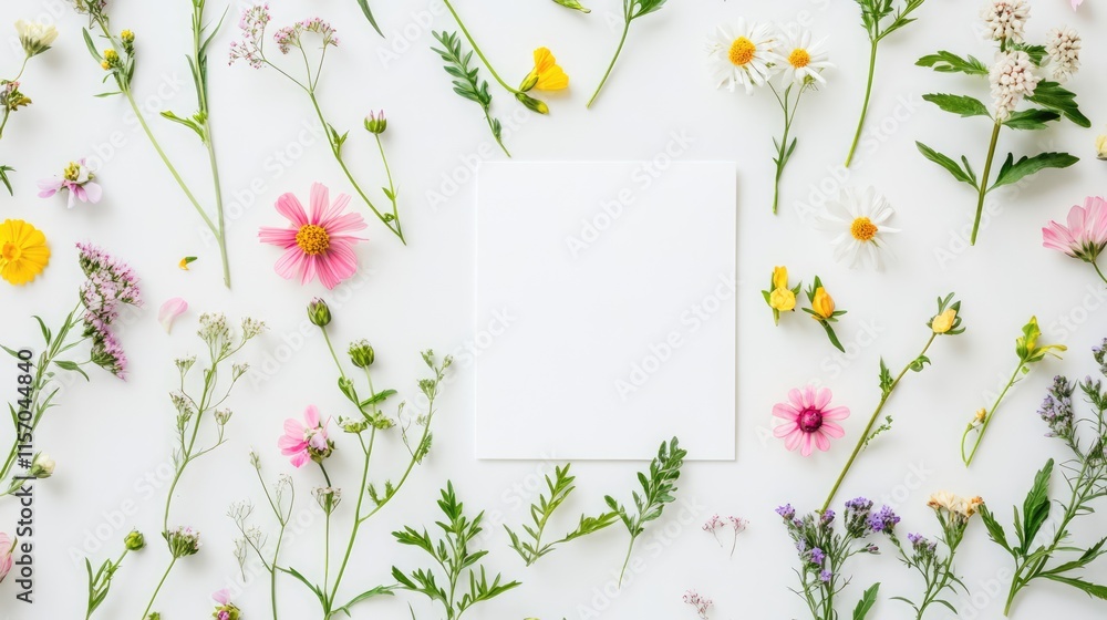 Poster blank square invitation card mockup surrounded by colorful flowers on a white background for elegant