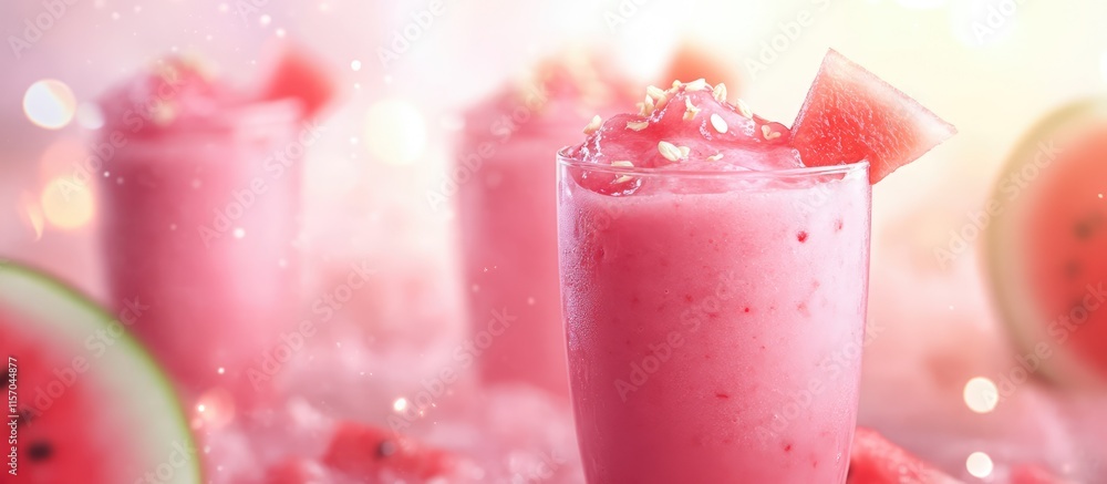 Poster refreshing watermelon smoothies with a bokeh background showcasing summer vibes and vibrant colors p