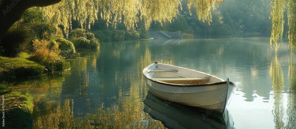 Aufkleber serene white boat floating on calm lake surrounded by lush greenery and tranquil reflections in soft