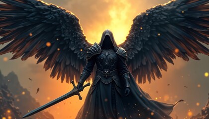 Dark warrior angel holds medieval sword. Powerful figure with large black wings. Dramatic fantasy art style. Fierce guardian daemon. Dramatic lighting. Vintage ancient theme. Beautiful digital