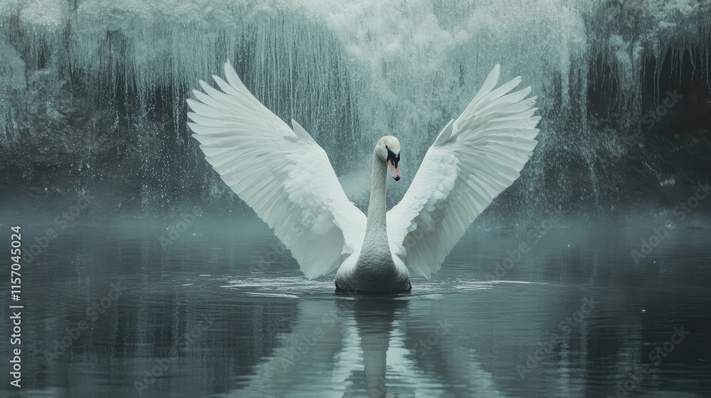 Aufkleber majestic white swan gracefully spreading wings on tranquil water surface with misty background creat