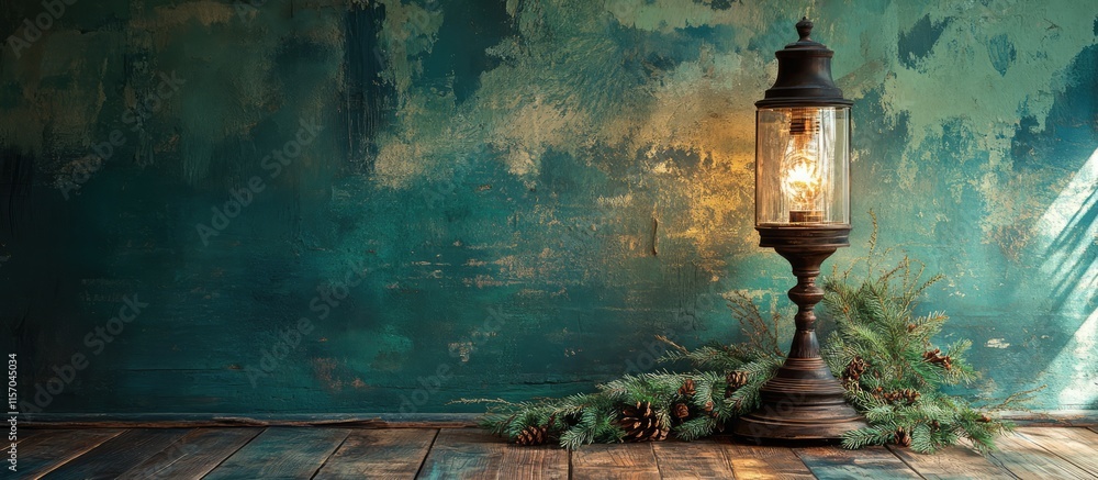 Poster vintage lamp on aged floor with spruce and garland against uniquely textured green and blue wall cre