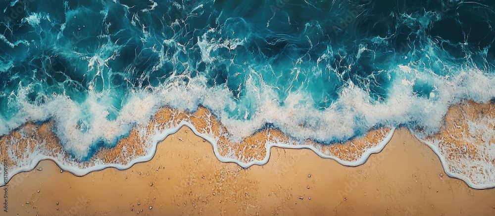 Poster aerial view of vibrant ocean waves crashing onto a golden sandy beach shoreline creating natural pat