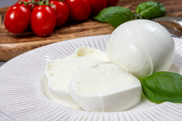 Tasty italian food, fresh white buffalo mozzarella soft cheese balls from Campania close up
