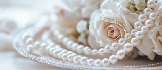 Elegant bridal jewelry arrangement featuring pearl strands and delicate roses for a classic wedding morning setting.