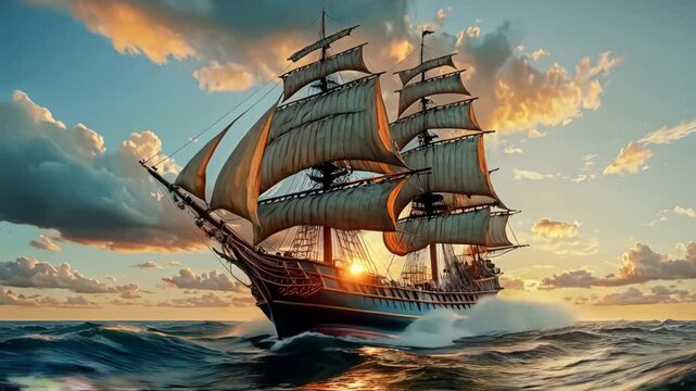 Beautiful old sailboat in sunset rays on the sea, old sailing brigantine
