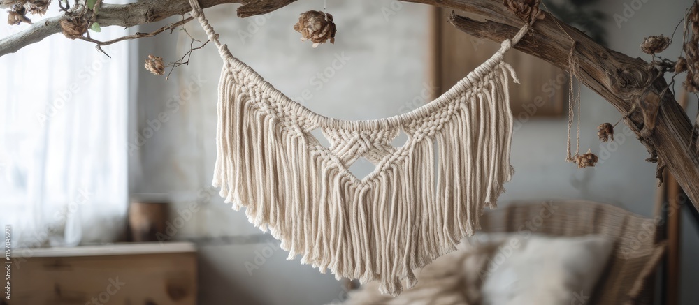 Poster weaving macrame art with natural cord displayed on a rustic branch in a warm and inviting home envir