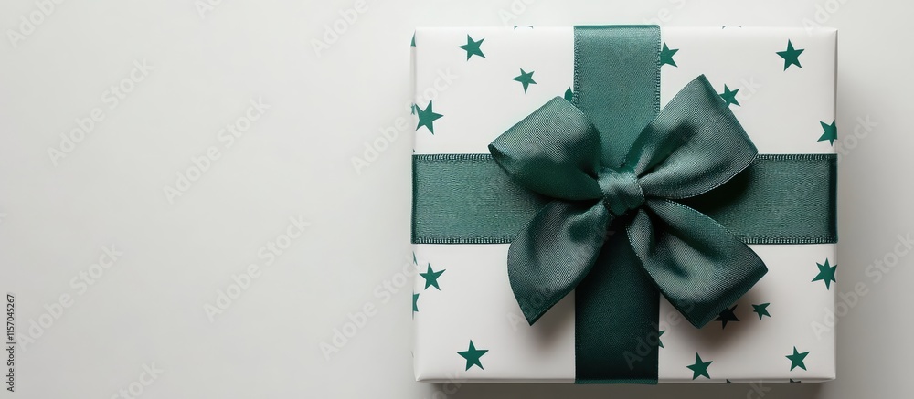Aufkleber elegant white gift box adorned with a green star pattern and matching ribbon bow on a clean white ba