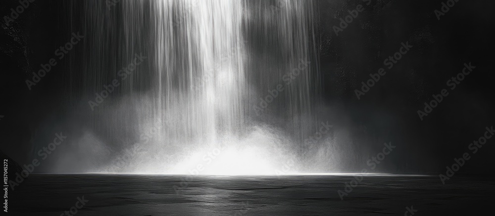 Aufkleber Enchanting black and white waterfall cascading into serene misty pool creating a tranquil and atmospheric landscape scene.