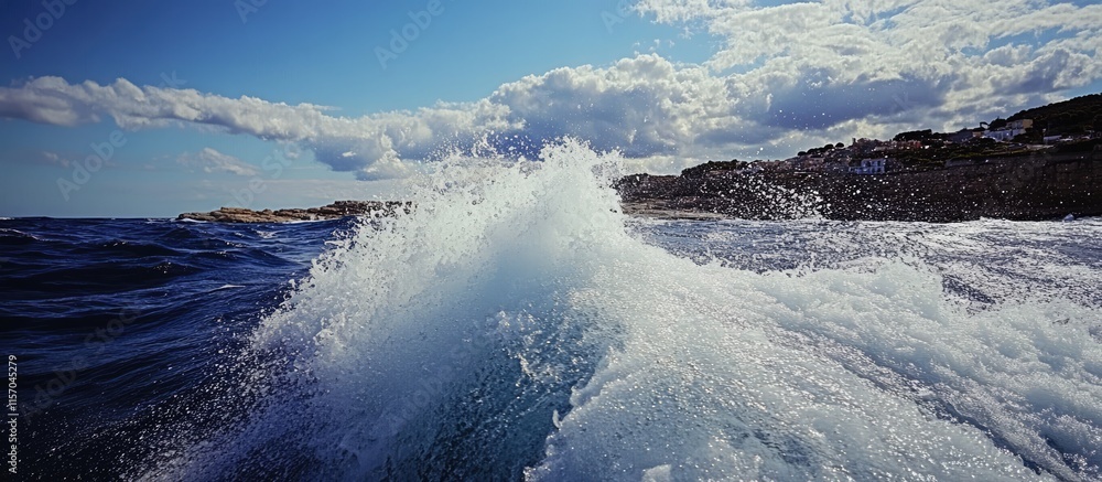 Poster waves crashing against a harbour wall viewed from a boat highlighting coastal scenery and dynamic oc