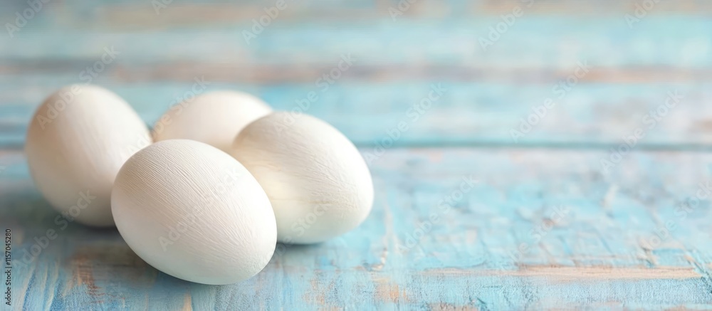 Poster white wooden eggs arranged on a colorful wooden table creating a cheerful and festive atmosphere for