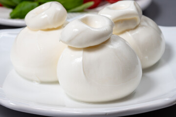 Cheese collection, fresh soft white burrata cheese ball made from mozzarella and cream from Apulia, Italy, close up