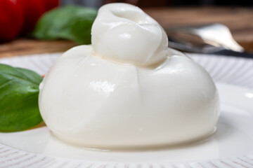 Cheese collection, fresh soft white burrata cheese ball made from mozzarella and cream from Apulia, Italy, close up