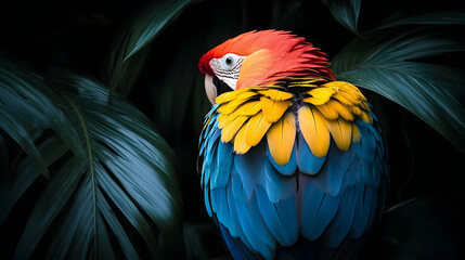 Fototapeta premium Vibrant Blue-and-Gold Macaw Parrot Perched Amid Lush Tropical Foliage.