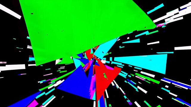 Explosive glitch art with bright red, green, and blue shards on a black background.