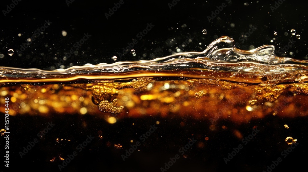 Poster golden liquid with bubbles creating a dynamic underwater background texture suitable for abstract de