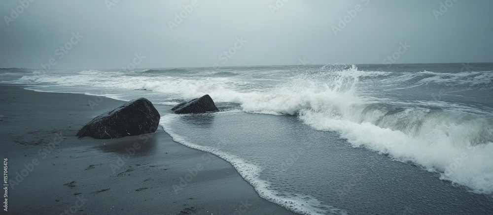 Poster waves crashing on rocky beach under overcast skies with gray sand creating a serene coastal atmosphe