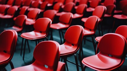 Naklejka premium Rows of vibrant red chairs arranged neatly.