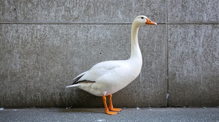 Obraz premium Curious white goose with bright orange beak stretching its neck beside a gray concrete wall on an urban street setting