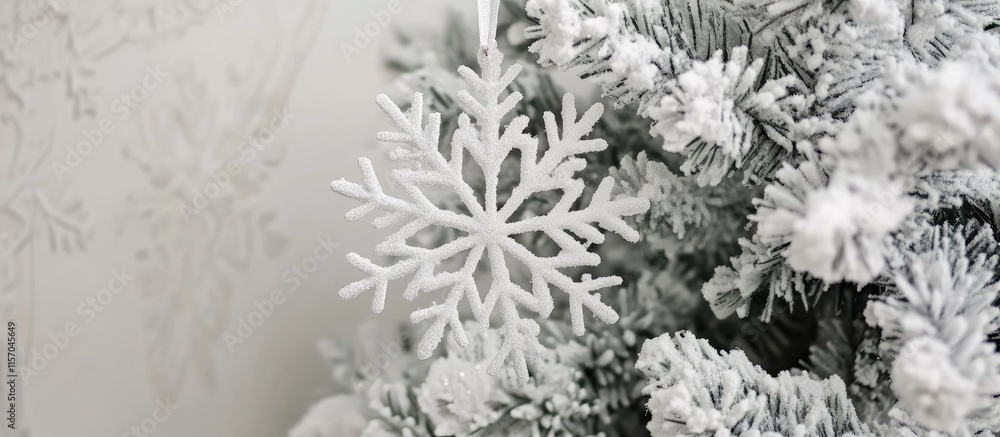 Poster snowflake ornament on a snowy tree close-up showcasing a festive decorative background and space for