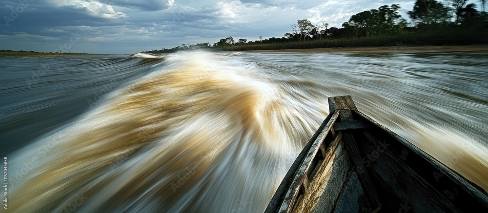 Poster dynamic water waves produced by a speeding boat in motion across a tranquil river landscape with dra