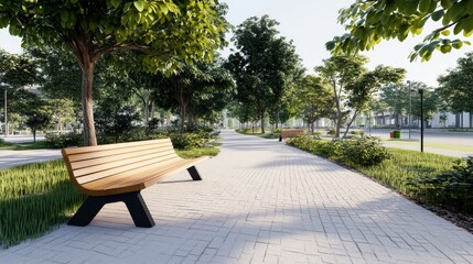 Scenic path with benches and lush greenery.