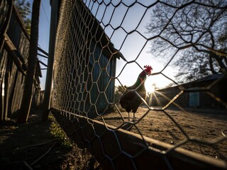 Silhouette of Close-Up Chicken Wire Fence, Sliding Shot, Detailed Texture