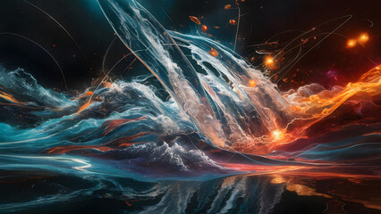 Vibrant Abstract Liquid Splashes with Glowing Waves and Translucent Droplets on a Dark Background