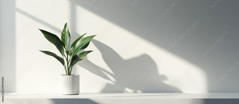 Aufkleber minimalist interior with potted plant and white paper sheet casting shadows illuminated by natural s