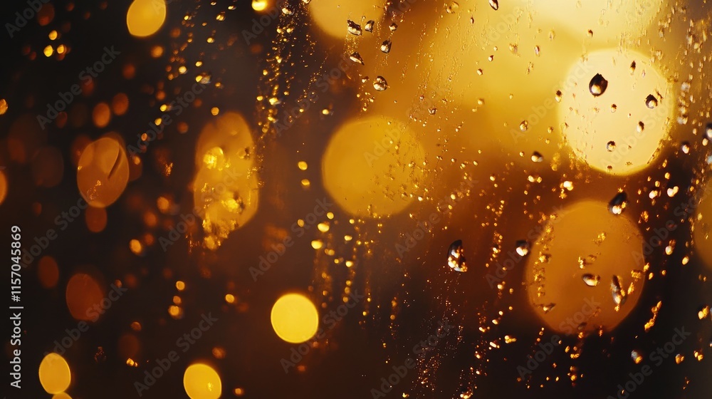 Aufkleber Backlit water droplets on glass with bokeh effect showcasing high magnification and warm ambient tones in artistic composition.