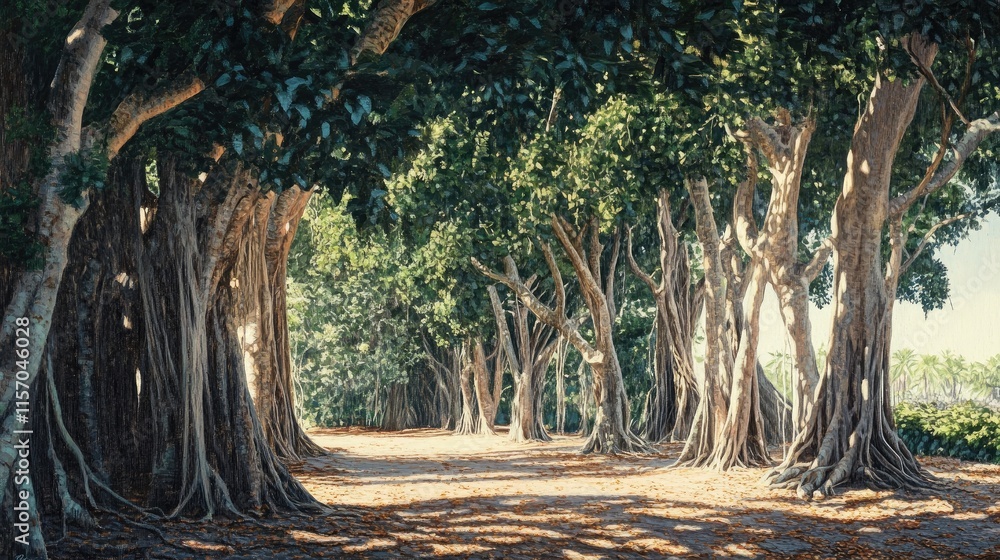 Poster lush weeping fig ficus tree pathway surrounded by dense green foliage creating a serene natural land