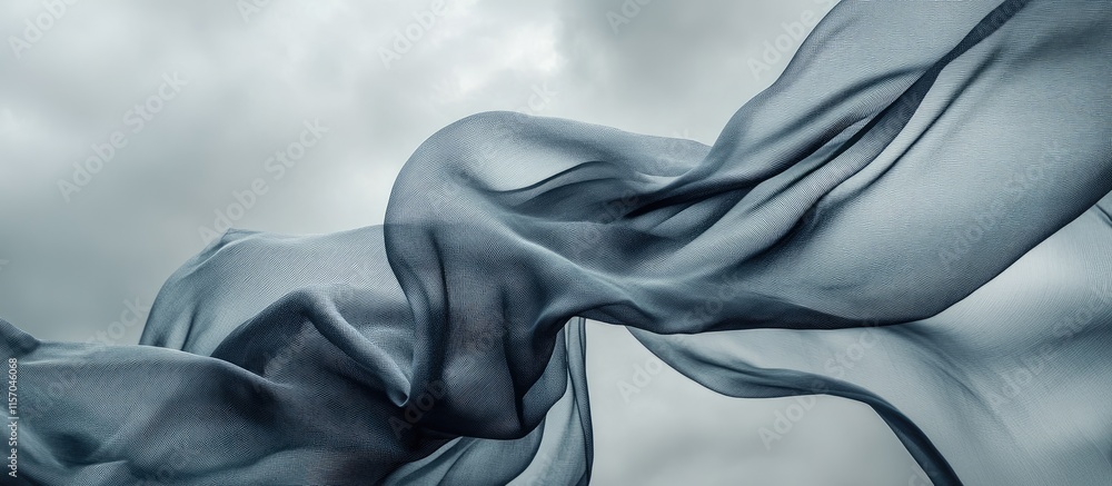 Poster Flowing sheer fabric against a dramatic grey sky creating a dynamic and ethereal atmosphere for creative and artistic themes.
