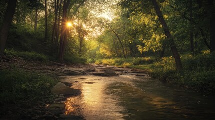 Obraz premium Golden hour serenity along a tranquil stream with soft sunlight filtering through lush trees in a peaceful natural setting.