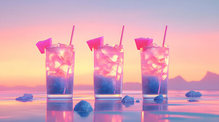Sunset Drinks 3D Illustration: Pink and Blue Cocktails