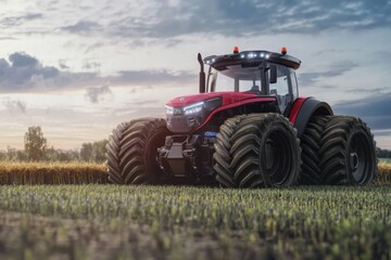 Obraz premium Modern tractor working in a field during sunset with rich clouds and lush greenery