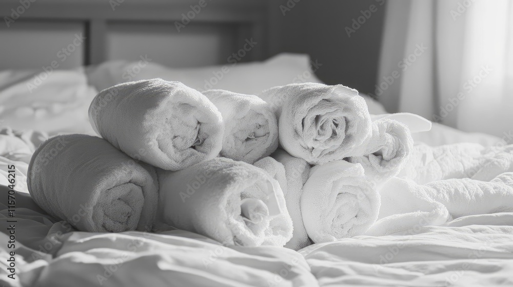 Aufkleber Rolled white towels neatly arranged on a bed creating a serene and inviting atmosphere for relaxation and comfort.