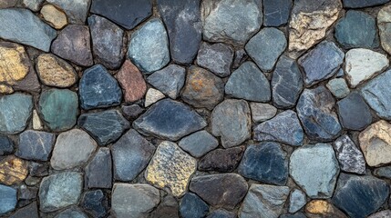 Fototapeta premium Vintage cobblestone granite sidewalk texture background showcasing a rustic stone pattern in earthy tones with varied shapes and sizes.