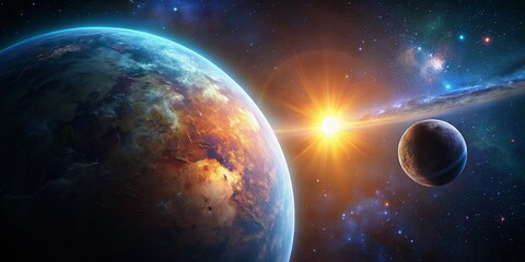 Silhouette of Earth-like Exoplanet and Moon - 3D Rendered Space Scene