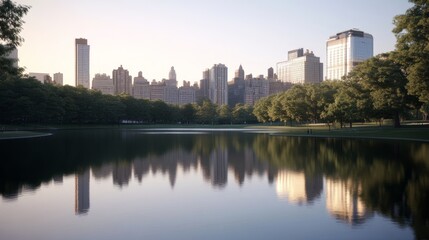 Serene cityscape reflected in tranquil water.